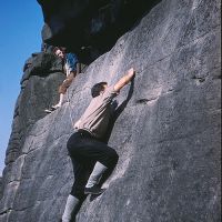 Peter Walker and Alan McGeary on Stanage, Flying Buttress. (1959?) (Stan Roach)
