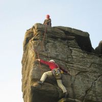 Dave Bone following Tony Major up Chequers Buttress (Roger Dyke)