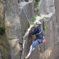 Cathy on the hard start of Pulpit Groove (Roger Dyke)