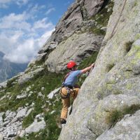 Bridget savouring slab nastiness in the Albigna cirque (Duncan Lee)