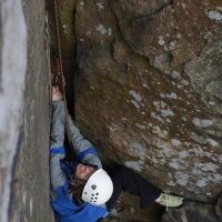 Ann on Crux Roof Pitch (Dave Dillon)