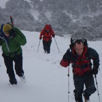 Andy Stratford, Nick Adamson, Sara White ascend the broad spur of Derry Cairngorm (Gareth Williams)