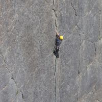 Andy high on the wall and in the big crack -  Aladdin Sane E1 5a, Trowbarrow (Dave Wylie)