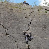 James Hoyle finishing Jean Jeanie (VS 4c), Trowbarrow (Kasia Hoyle)