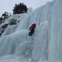 Dave Bish on the Crux (P3) of The classic Tjonnstadbergfossen (WI4) (Andy Stratford)