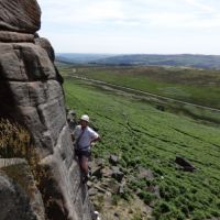 Jim contemplates the move from the Arete to the face of Narrow Buttress VS 4c (Andy Stratford)