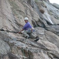 Jim on the initial traverse of Doorpost, Bosigran (Roger Dyke)