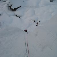 You up there! Pitch 1 Sabotorfossen (WI 5), Upper Gorge. (Colin Maddison)