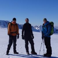 James Meakin, Stuart Hurworth, Stevie Graham on Aonach Mor, Ben Nevis behind (Andy Stratford)