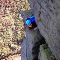 Emma on The Ravenstones Stomach Traverse (Dave Wylie)