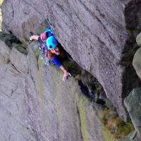 Emma on The Ravenstones Stomach Traverse (Dave Wylie)