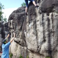 Carrie topping out on a steep Bas Cuvier wall a couple of years after first trying it... (Daniel O'Brien)