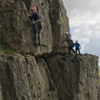 Annie Nye seconding, Dave Wylie leading and Nils belaying (Emily Pitts)