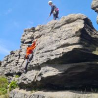 Cathy belays Andy about to move from the pebble to the volcano (Gareth Williams)