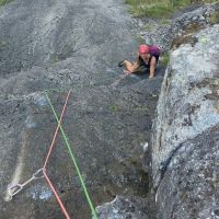 Mich Harrison following Andy S on the first 6a pitch on Blue Petrole (Andy Stratford)