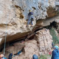 Gareth attempting a lead on the brilliant traverse Guilty Picks D6+ (Andy Stratford)