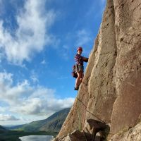 Mich enjoying evening sunshine on the final pitch of Tennis Shoe, Idwal (Andy Stratford)