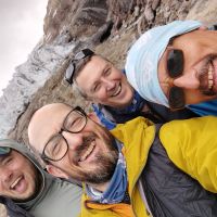 Stu, Andy, Mark and Robinson in front of Glacier Hermoso at Cayambe (Andy Stratford)