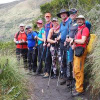 L to R - Harry, Greg, Emily, Steve, Mich, Stuart, Mark, Andy - acclimatisation walk, Laguna Cuicocha 3550m (Elisabeth Gschosser)