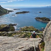 Liam topping out on Pianohandler Lunds Rute N4+ at Pianokrakken (Andy Stratford)