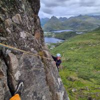 The amazing traverse pitch on 1910 Ruta N4+, Solvaergeita (Andy Stratford)